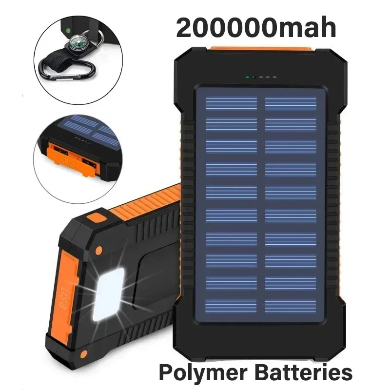 

New 200000mAh Large Capacity Solar Power Bank Portable W/ Lanyard Compass External Battery Outdoor Charging Powerbank for Xiaomi