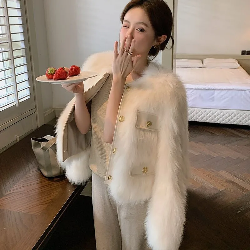 2023 New Women Faux Fox Fur Coat Female Short Temperamental Round Neck Solid Color Outwear Winter Thicken Thermal Casual Outcoat