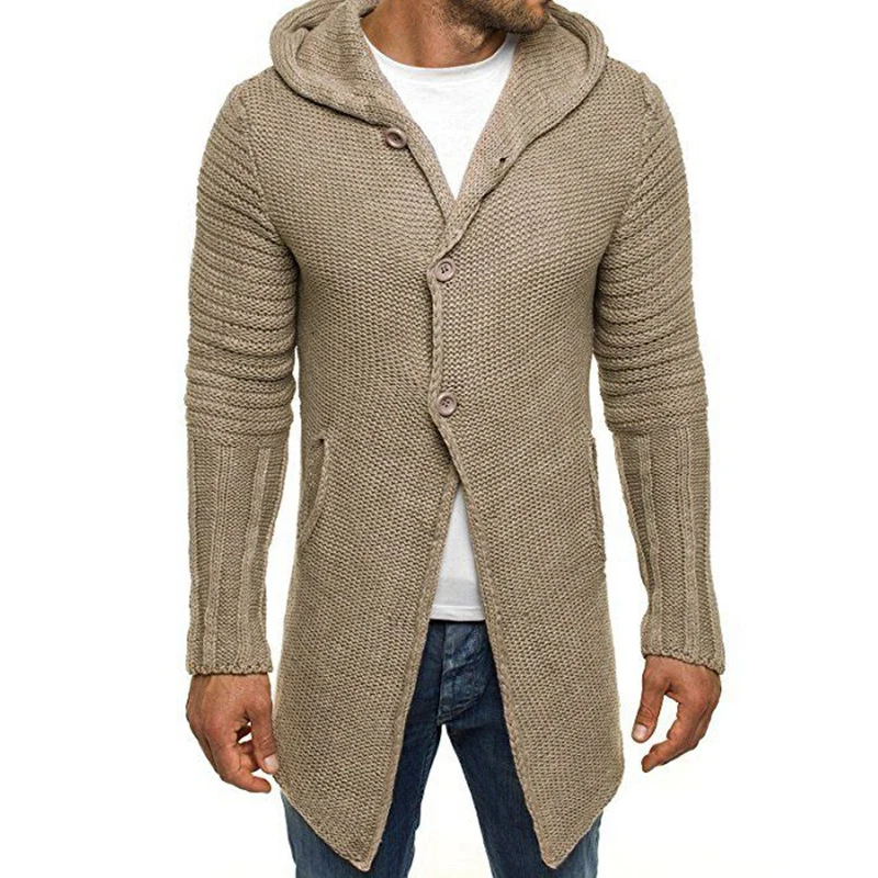 Vintage Solid Knitted Overcoats Men Fashion Button-up Long Sweater Coats Mens Clothes Winter Warm Knit Hooded Cardigans Jackets