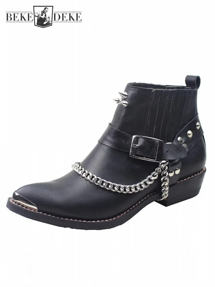 

Cowboy Pointed Toe Short Boots Rivet Chain Punk Shoes Mens Cowhide Genuine Leather Chelsea Boots Handmade Customized 10 Days