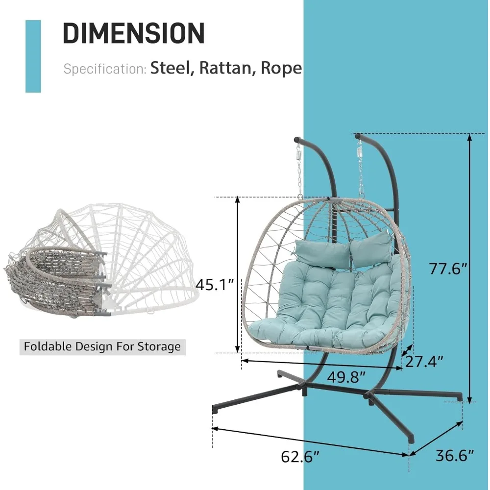 2 Person Double Egg Swing Chair with Stand Indoor Outdoor, Patio Wicker Rattan Hanging Egg Chair w/Cushion, Pillow 6