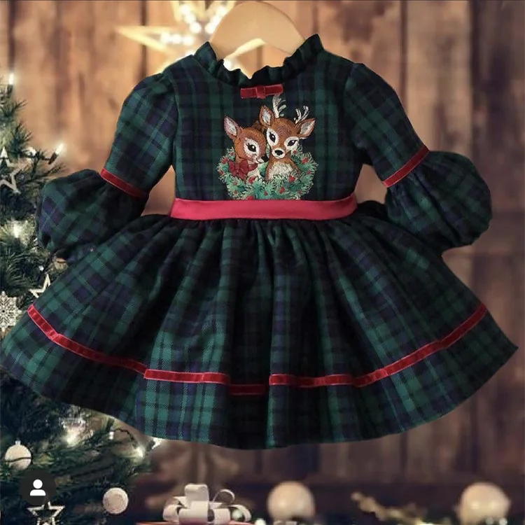 

0-12Y Baby Girl Autumn Winter Green Plaid Deer Embroidery Vintage Spanish Princess Ball Gown Dress for Eid Causal