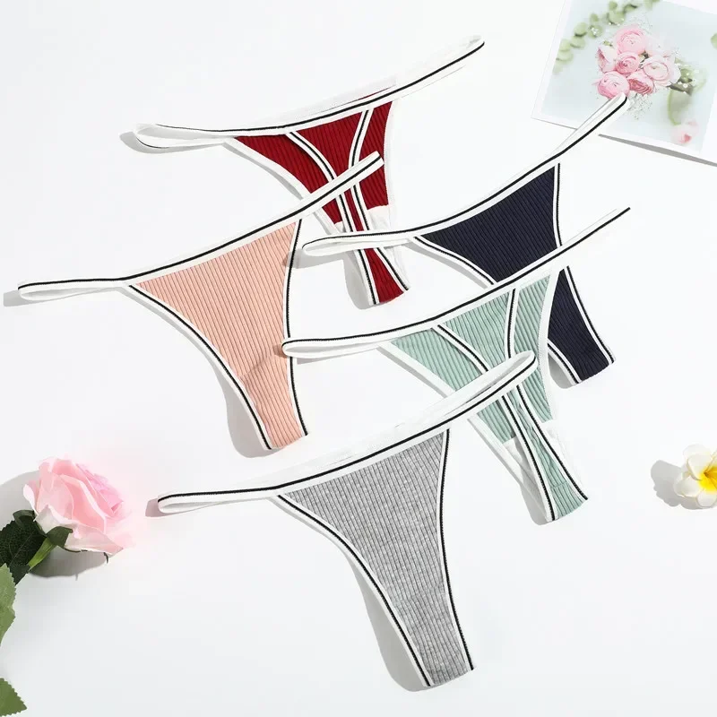 2pcs Women's Cotton Underwear Thongs Sexy Seamless Ladies Ribbed Simple Women's Low Waist Bikini Briefs Soft Comfort Lingerie