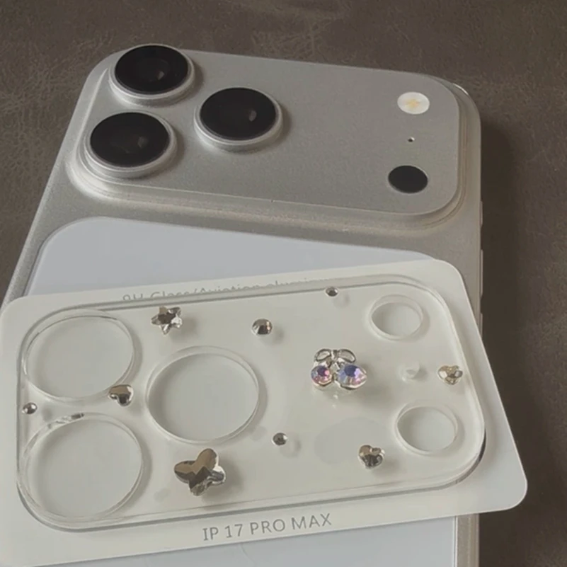 Ins Korean Cute Glitter 3D Rhinestone Colorful Cherry Lens Film for iPhone 17Pro 17 Pro Max Full Cover Glass Camera Protector 3
