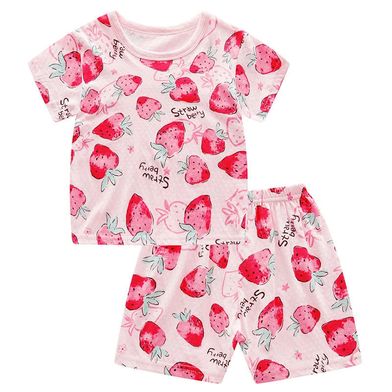 Sleepwear & Robes cheap Strawberry Pajamas Girls Cotton Set Summer Children's Clothing Sets Toddler Boy Sleepwear Korean Kids Casual Suit 2 6 8 10 Years night gowns cheap