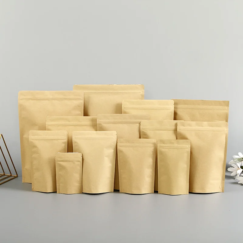 50/100pcs 크래프트 종이 줄 지어 알루미늄 호일 서 파우치 선물 및 과일 포장 가방 지퍼 자체 밀봉 가방