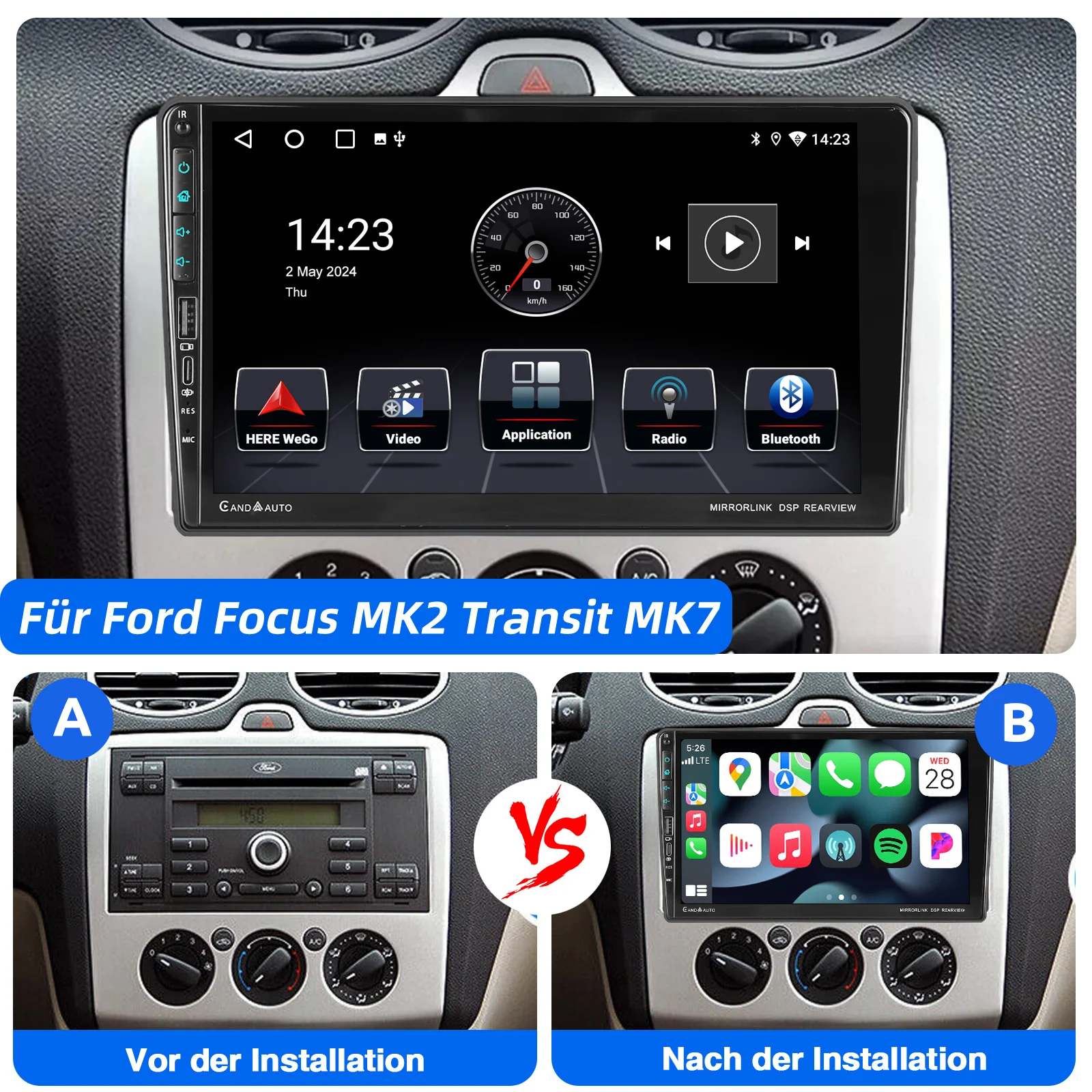 ESSGOO 9" 4+64GB Autoradio für Ford Transit MK7 Focus MK2 Android 15 Kabelloses CarPlay USB GPS Navi WiFi Typ C BT RDS SWC – Detail 3