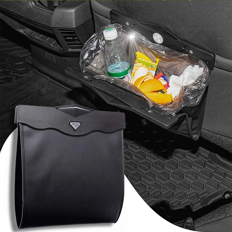 Car Suspension Leather Folding Storage Garbage Bag With LED Light Waterproof Magnetic Adsorption