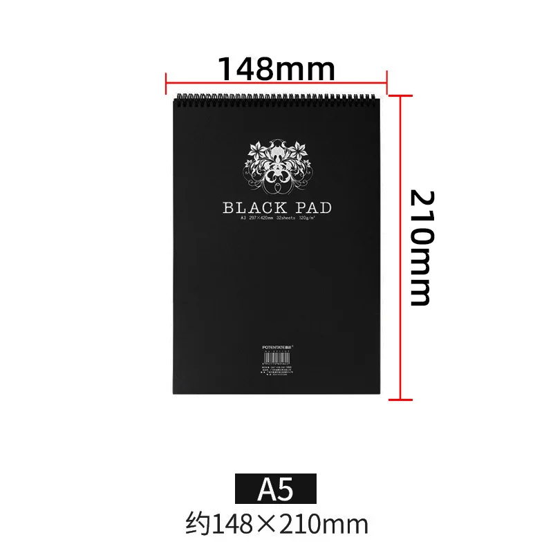32 folhas de papel preto a4/a5, bloco de desenho para esboço, 120gsm, espiral, caderno para lápis de cor, grafite, carvão, pastéis