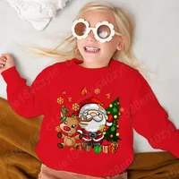 Cute Cartoon Santa Claus & Reindeer & Christmas Tree Graphic Print Sweatshirt, Girls Comfy Clothes For Christmas As Gifts 1