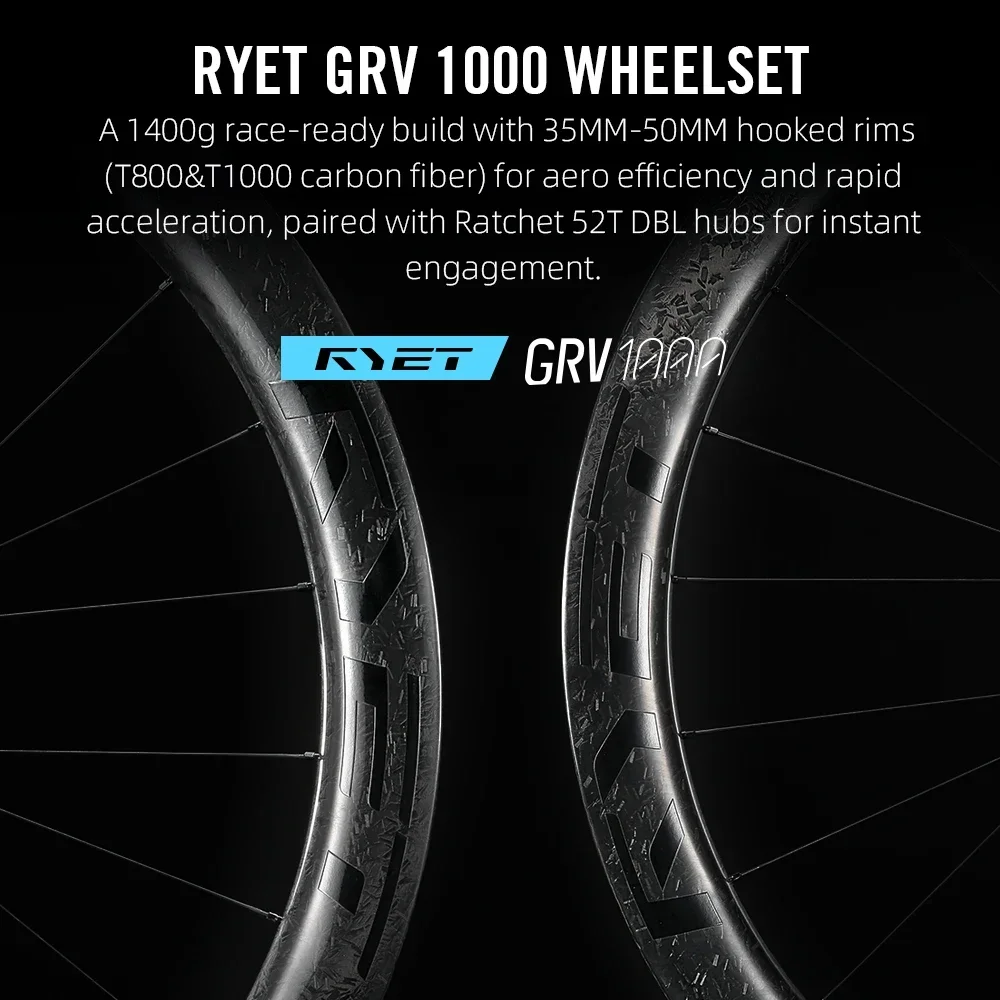 Ryet GRV1000 Gravel Bike Carbon Wheelset 52T Ceramic Ratchet Hub Pillar Superlight 1280g Tubeless Ready CenterLock 31mm Bicycle Wheels - Image 2