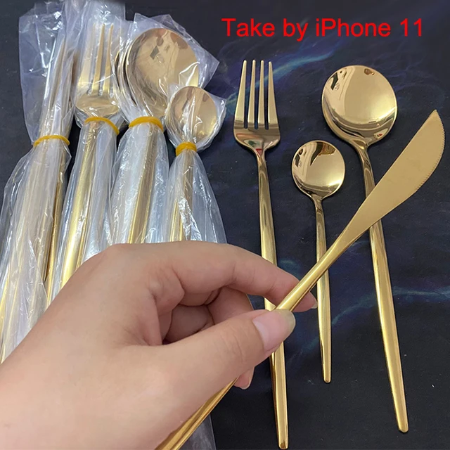 24pcs Gold Dinnerware Set Stainless Steel Tableware Set Knife Fork Spoon Flatware Set Cutlery Set Bright light 5