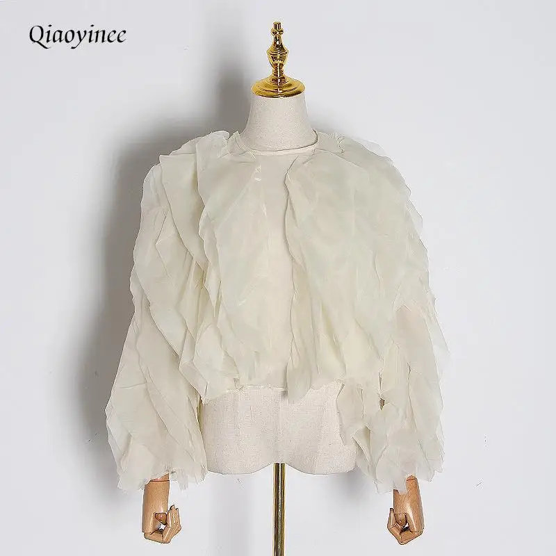 

Elegant Patchwork Ruffle Shirt For Women O Neck Lantern Long Sleeve Solid Vintage Fashion New Style Blouse Female