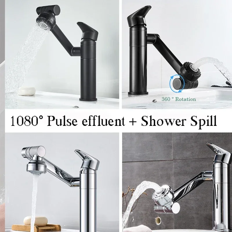 1080° Swivel Bathroom Sink Faucet Basin Faucet Mixer Deck Mounted Splash Proof Water Tap Shower Head Aerators Tapware