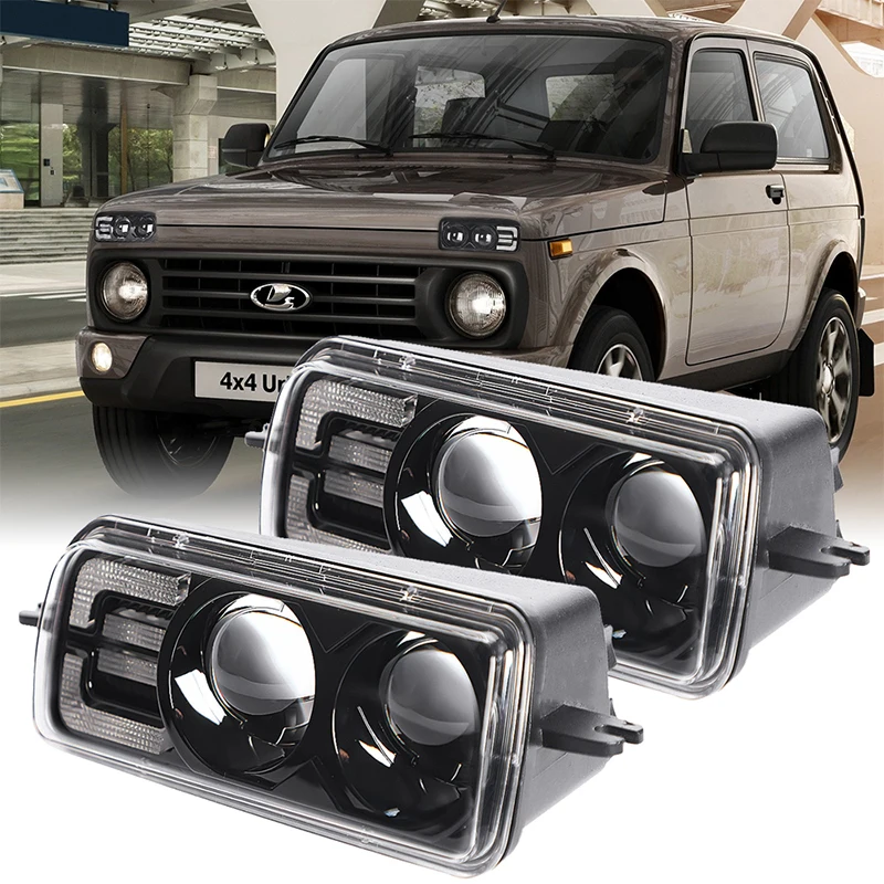 

100W For Lada Niva 4X4 1995 Front Fog Light+High Beam Daytime Running Turn Signal Diecast Aluminum Housing LED Headlights