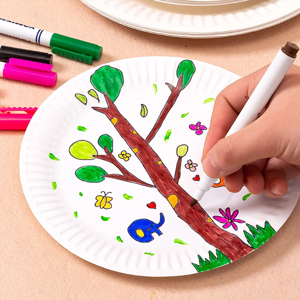 Red Paper Plates Drawing Doodle White Kids Painting Materials Graffiti Flatware Tray DIY Pulp