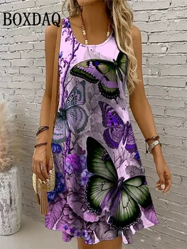 Dresses For Women 2025 Women Vacation Beach Summer Vest Butterfly Flowers Loose Dress Sundress Casual 3D Print Sleeveless Dress 1