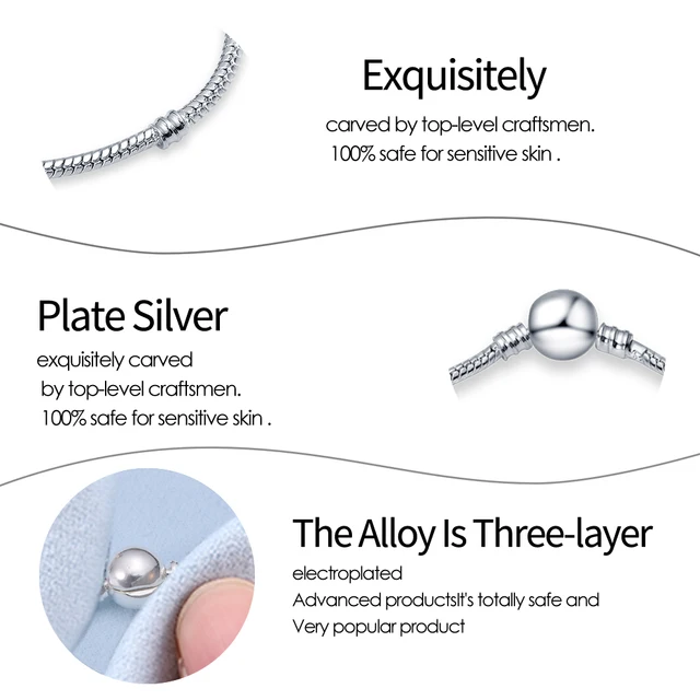 925 Silver Color Charm Bead Bracelet For Women Original Charms Heart Family Ball Star Bracelets Bangles Snake Chain DIY Jewelry 6