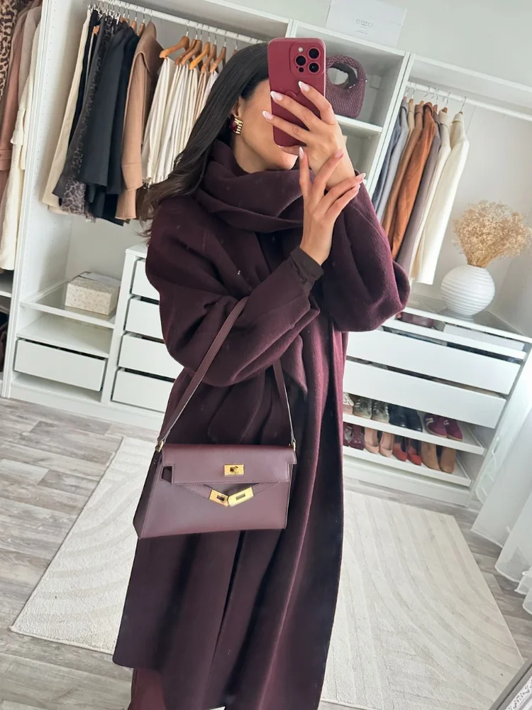 Women Elegant Burgundy Red Scarf Collar Woolen Overcoat Fashion Full Sleeve With Belt Casual Coat New Autumn Winter Lady Outwear 5
