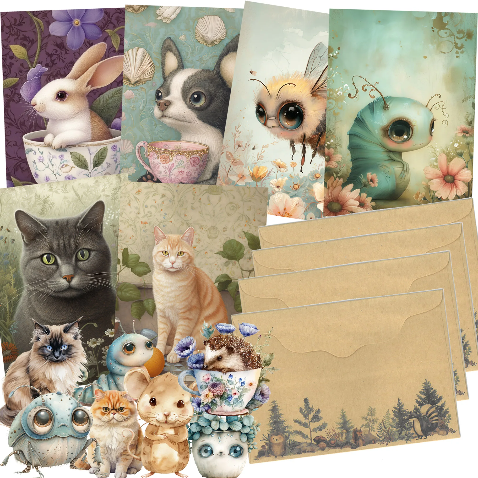 Stickers Scrapbooking Supplies Journal Tools Set 54pieces Flower Animal Tea Time Thick Postcard Set With Envelopes and Stickers for Scrapbooking Junk Journal Kits Craft