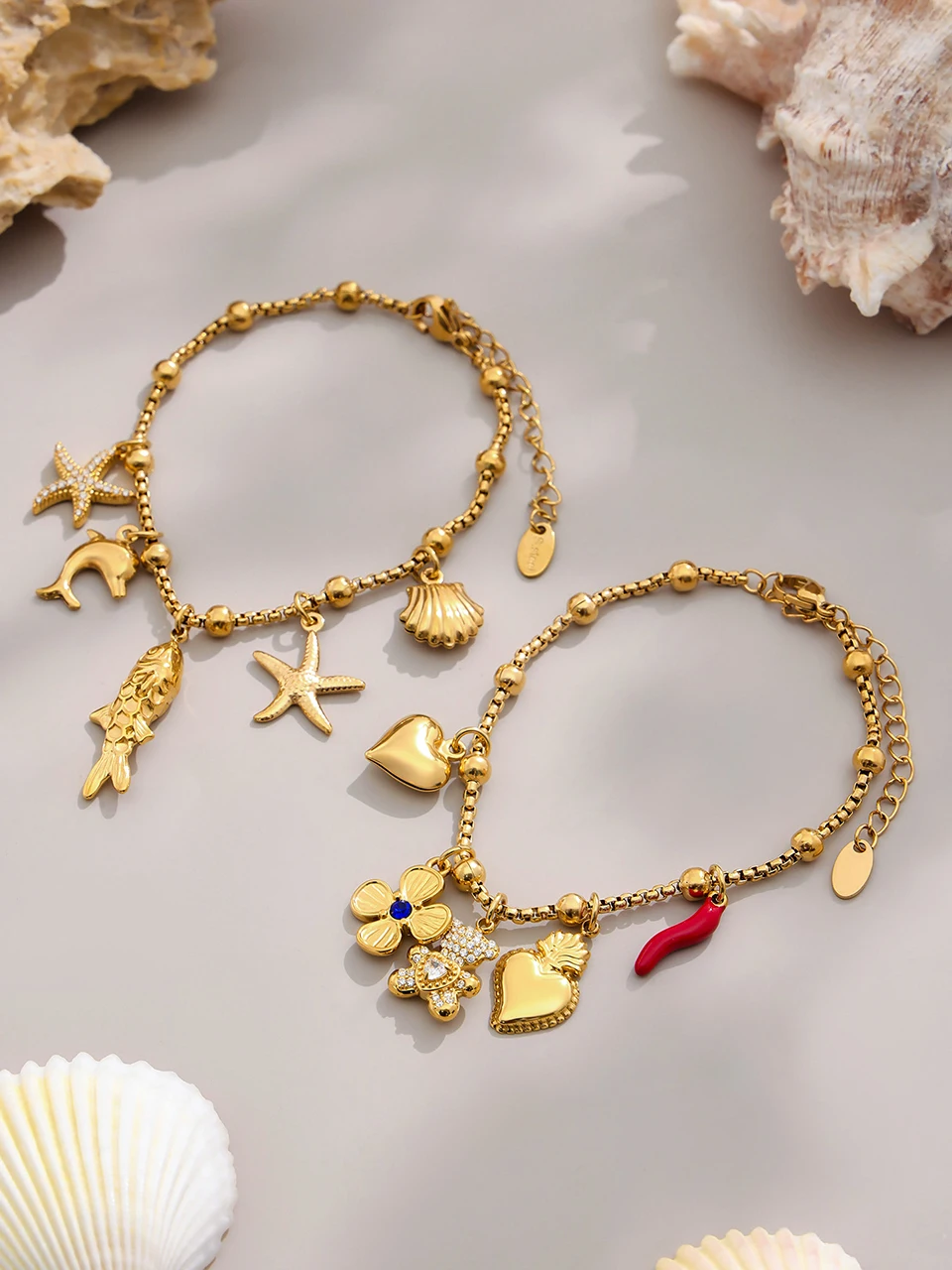 Edelstahl-Kettenhalskette, passendes Armband für Frauen, 18 Karat vergoldet, süße Charms-Halsketten, Armbänder, Schmuckset für Damen – Detail 10