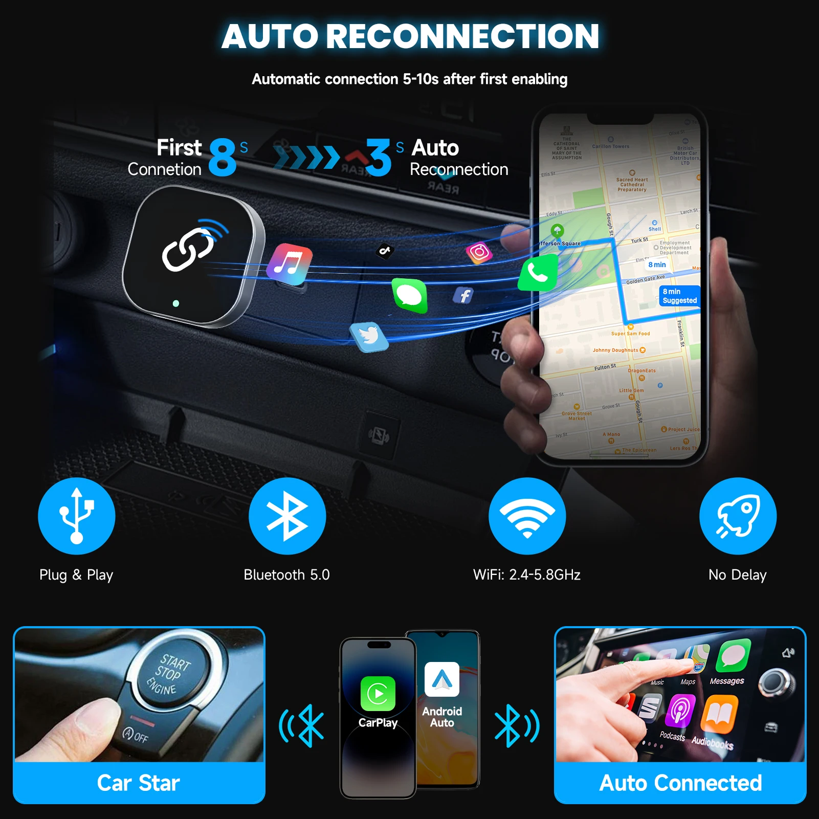 2 in 1 Wireless CarPlay Adapter Plug & Plug Auto Converts Wired to Wireless Compatible for iPhone & Android Mini Metal Design