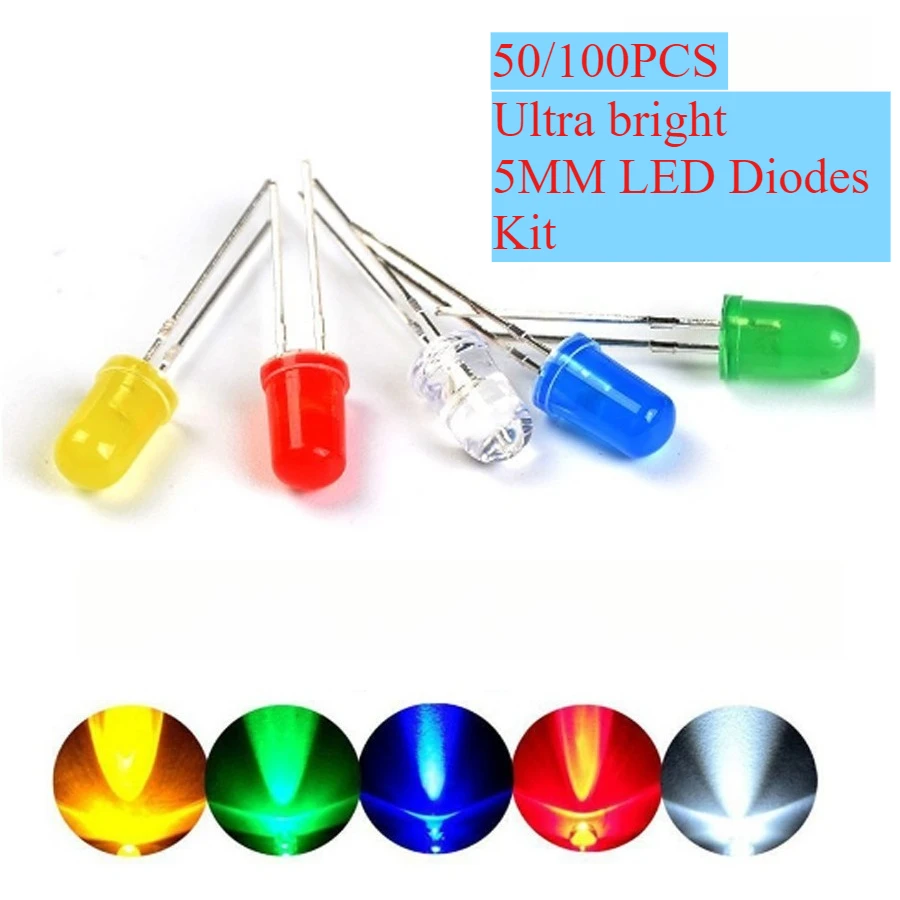 50/100pcs LED Diode Assorted Kit F5 5mm Ultra Bright LED Diodes White Red Blue Green Yellow for DIY Light Emitting Diodes