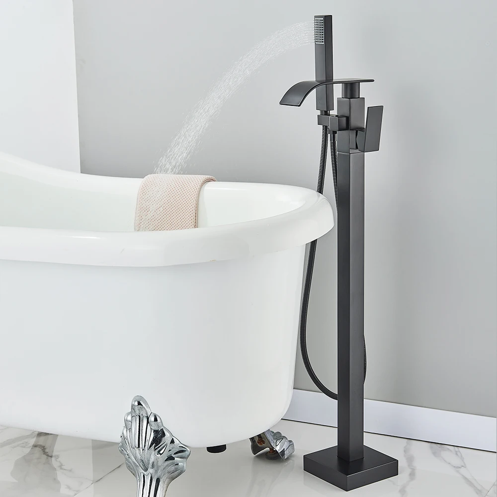 Floor Standing Faucet Bathtub Shower Floor Mounted Tub Filler Faucet Brass Bathroom Tub Faucets with Hand Shower 2