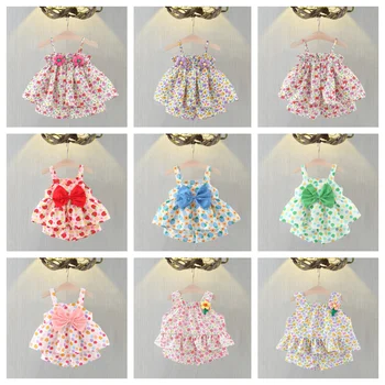 2-piece Summer New Girl's Sleeveless Cute Printed Strap Top and Shorts Cool Summer Set Suitable for 0-3 Years Old 1