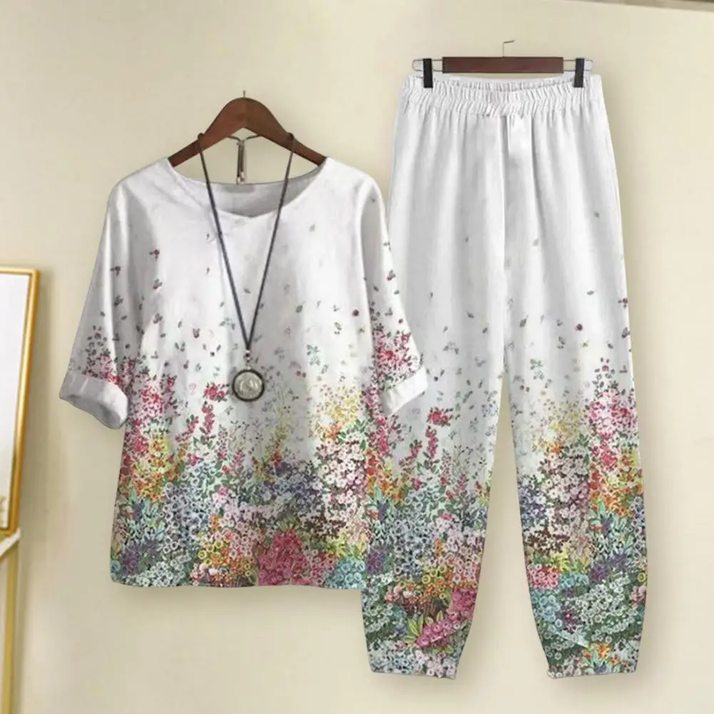 

Fashion Lightweight Elastic Waistband Skin-touching Loose Top Wide Leg Pants Floral Print Outfit Top Pants Set Workwear