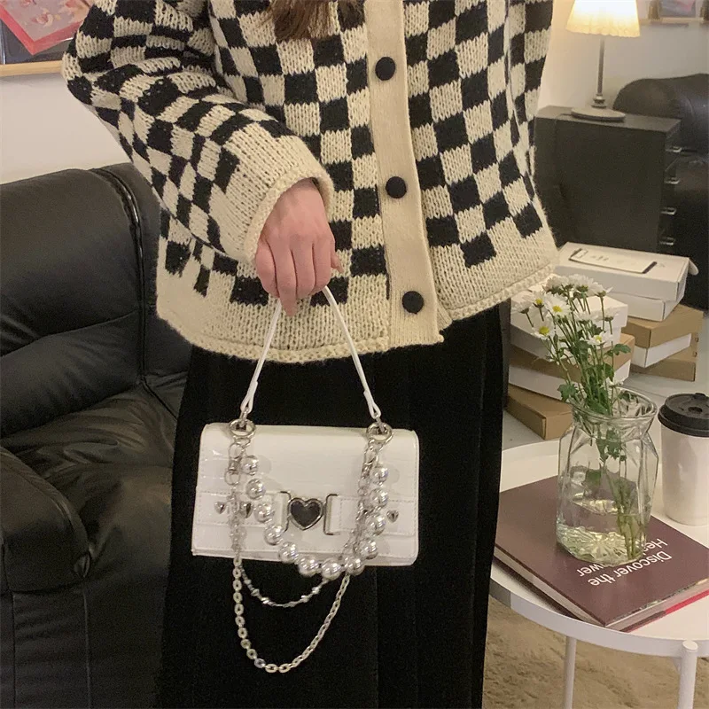 Retro Heart Shaped Lock Women Portable Small Square Shoulder Bags Luxury Pearl Chain Crossbody Bag for Ladies Female Pu Handbags |