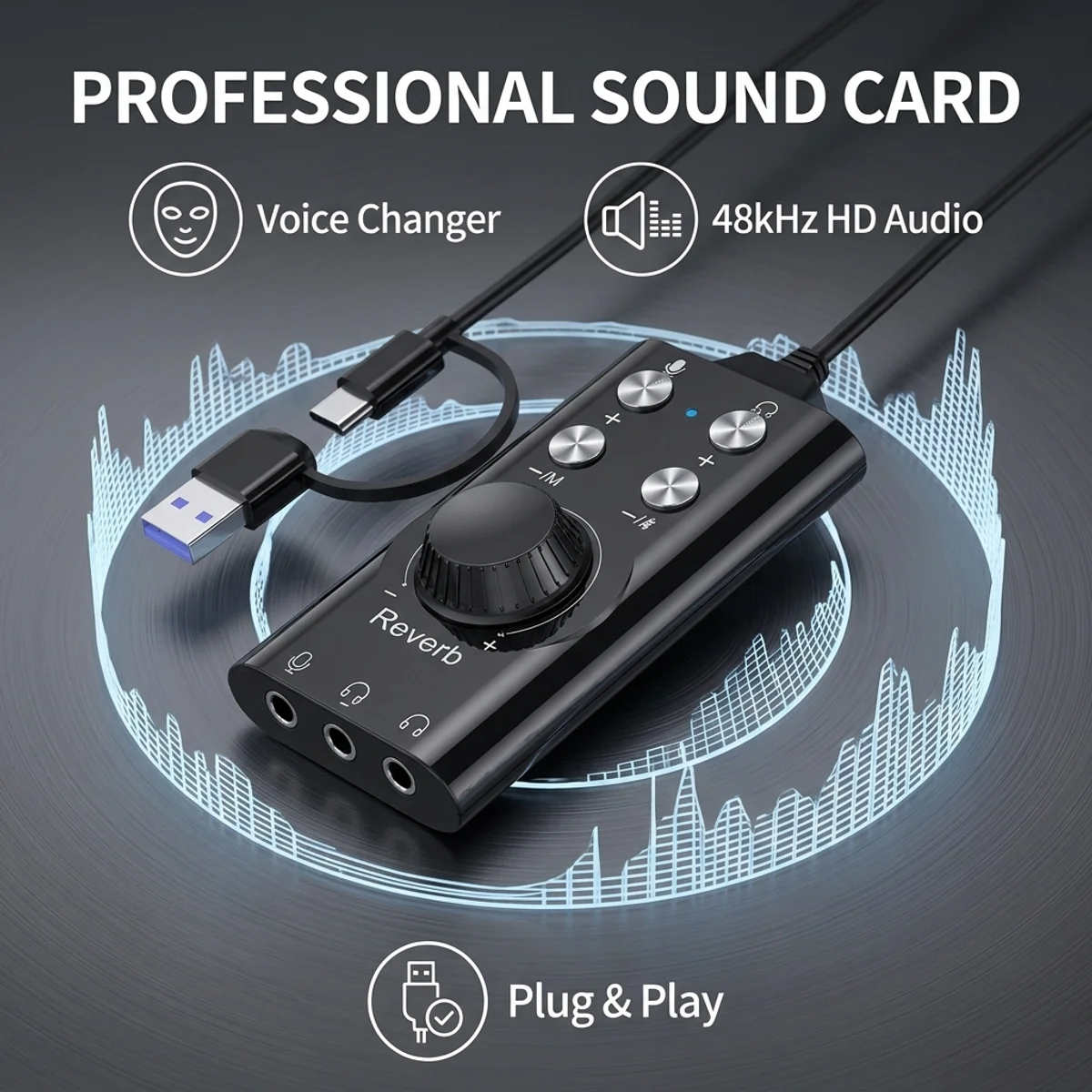 USB 외장 사운드 카드 USB 타입 C 외장 사운드 카드 마이크 헤드폰 어댑터 (노트북, 휴대폰용) 음성 변조 플러그 앤 플레이