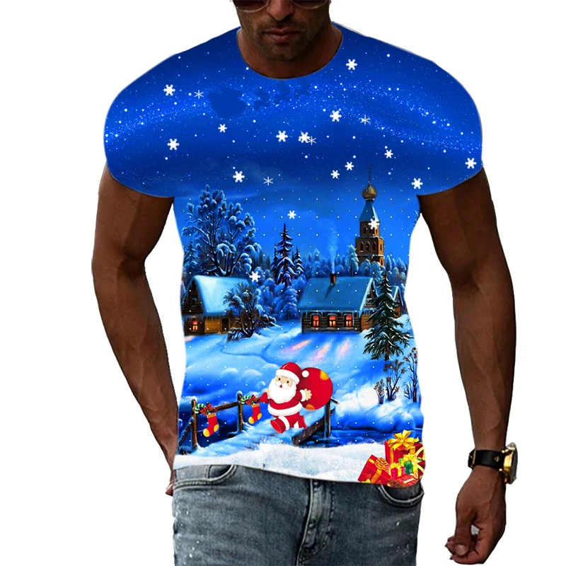 

Summer Christmas Tree Carnival Santa Happy New Year Print T Shirt Men Women Hip Hop O Neck Short Sleeve Top T Shirts