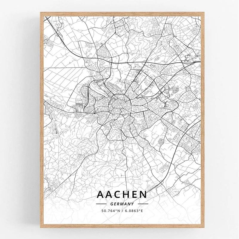 Aachen Германия альборг Дания аорхус карта городов мира черный белый плакат картина