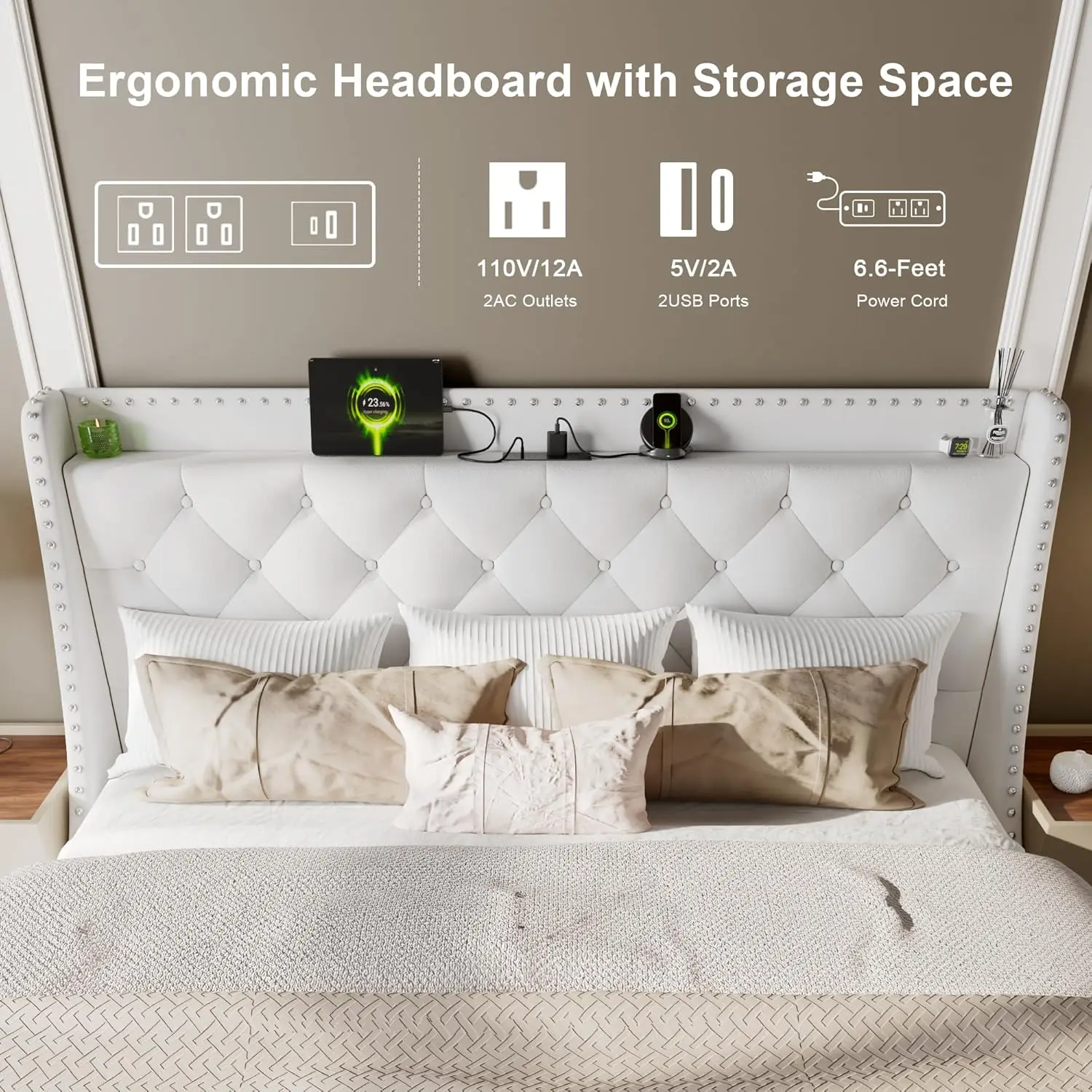 King Size Bed Frame with Velvet Luxury Wingback and Fast Charging Station,King Upholstered Button Tufted Storage Headboard