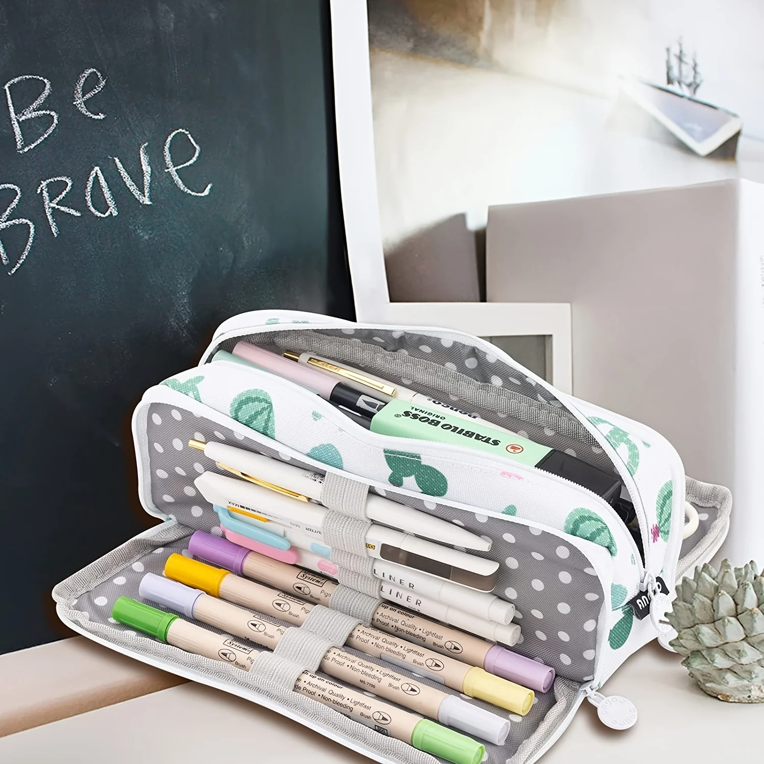 1pc Large Capacity Green Pencil Case, Simple 4 Layers Student