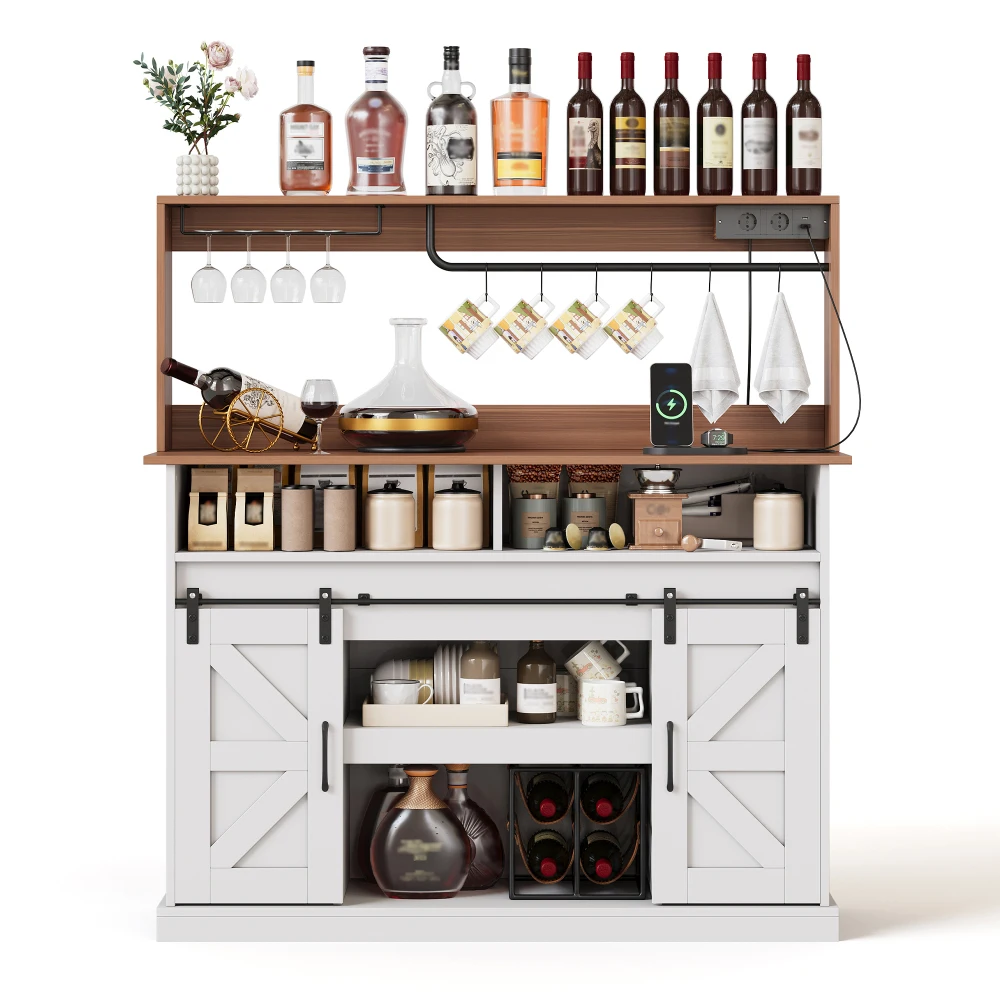 Landhausstil Kaffee-Bar Sideboard mit Glashalter 2 AC+2 USB-Anschlüsse Schiebetüren Stauraum Platzsparende Hausbar-Möbel – Detail 14