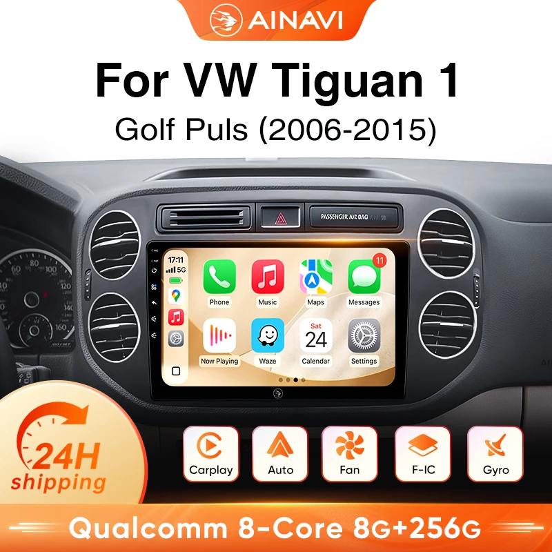 Radio para coche AINAVI para Volkswagen VW Tiguan 1 2006 2008 2009 2010 2011 2012 2013 2014 2015 Golf Plus, reproductor multimedia inalámbrico para coche con Carplay, Android Auto, GPS, HDMI 1280 * 720, BT 5.0, giroscopio, salida HDMI, control por gestos, ventilador de refrigeración integrado, 2 DIN 1