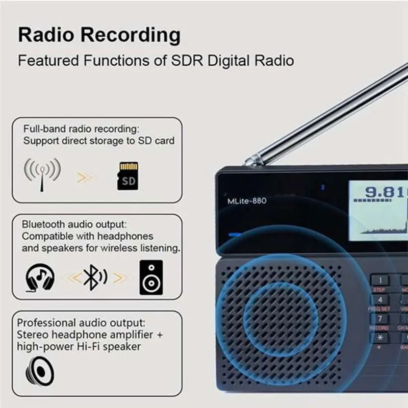 Y43A-Mlite-880 SDR 수신기(안테나 포함) DSP 라디오 SSB/AM/FM RDS 휴대용 풀 밴드 라디오 디지털 단파 라디오
