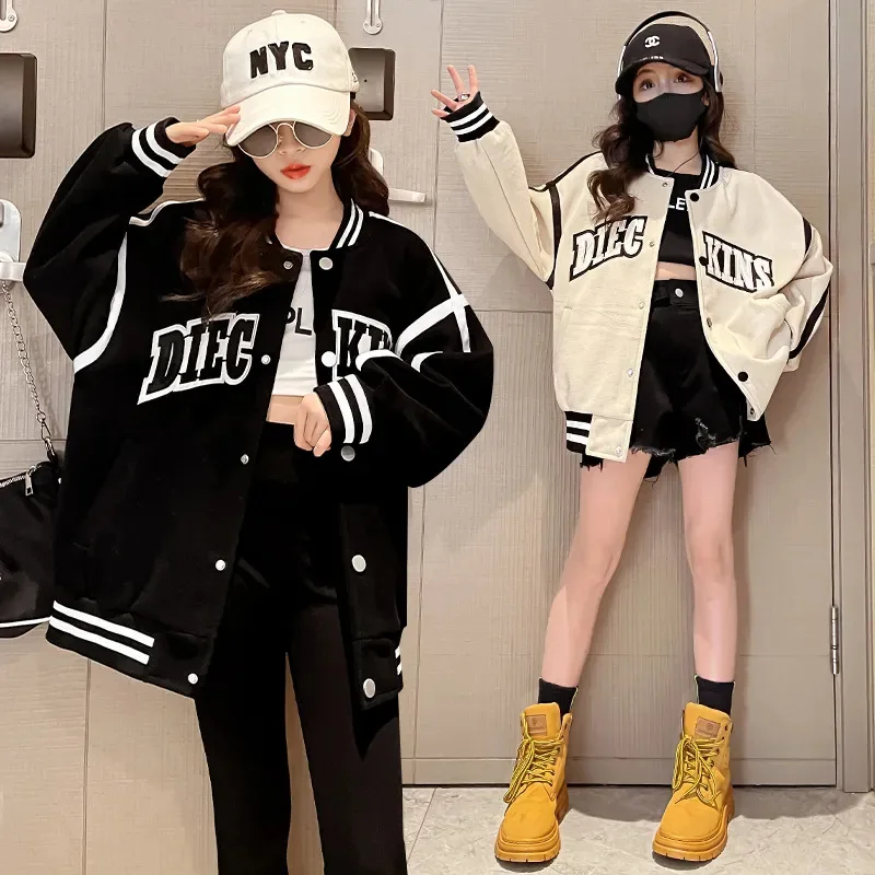 

Girls Cotton Alphabet Patchwork Single-breasted Loose Sweat Varsity Jackets School Kids Track Coats Child Outfit Tops 3-16 Years