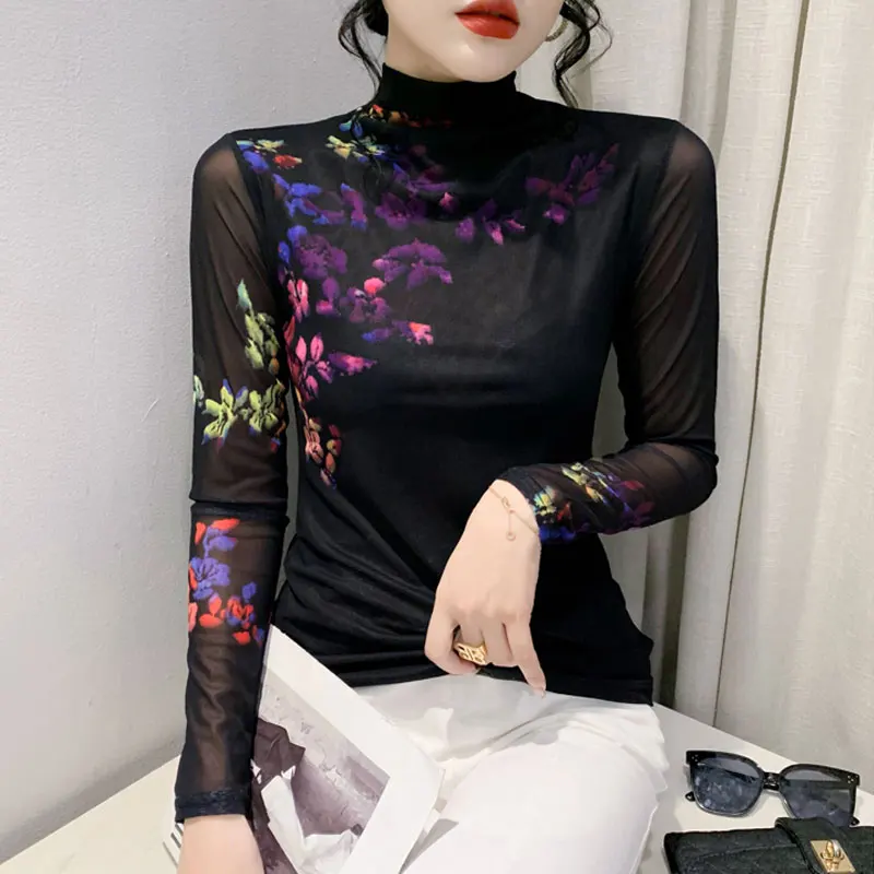 Faionable High Collar Me Base irt Long Sve Women's T-irt Print Street Sle Slim Fit Winter Plant Floral Mom Top