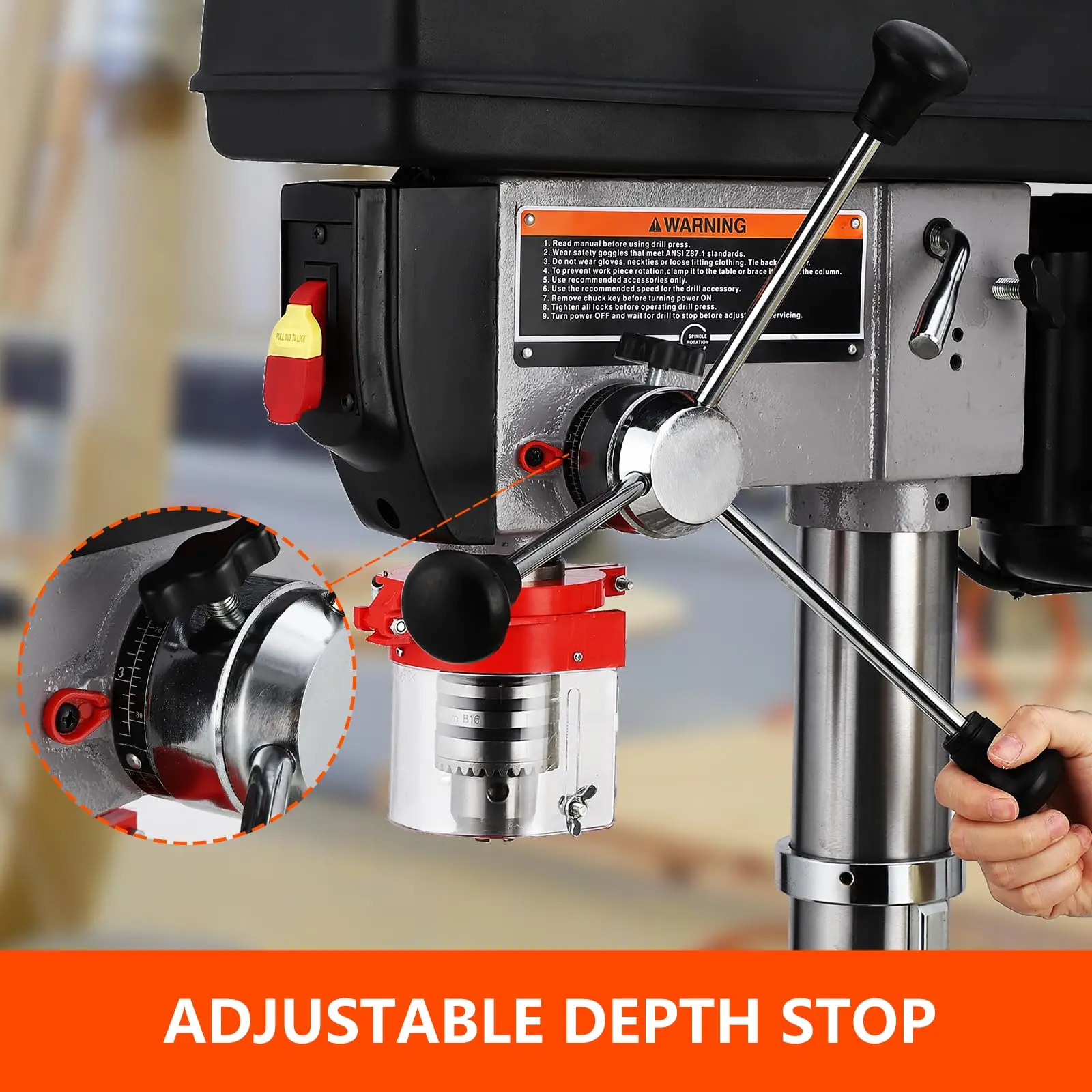 13 in Floor Drill Press, 7.5 Amp 120V, 288-3084 RPM Variable Speed Cast Iron Bench Drill Press, 0-45° Tilting, for Wood Metal 6