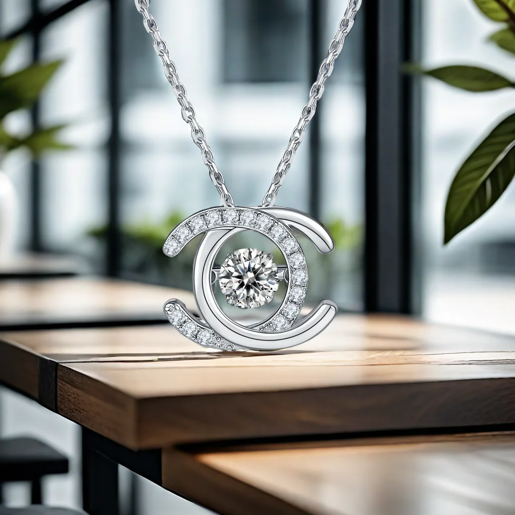 KNRIQUEN Double C Moissanite Pendant Necklace D Color 925 Sterling Silver 18K White Gold Plated Whit GRA Certificate