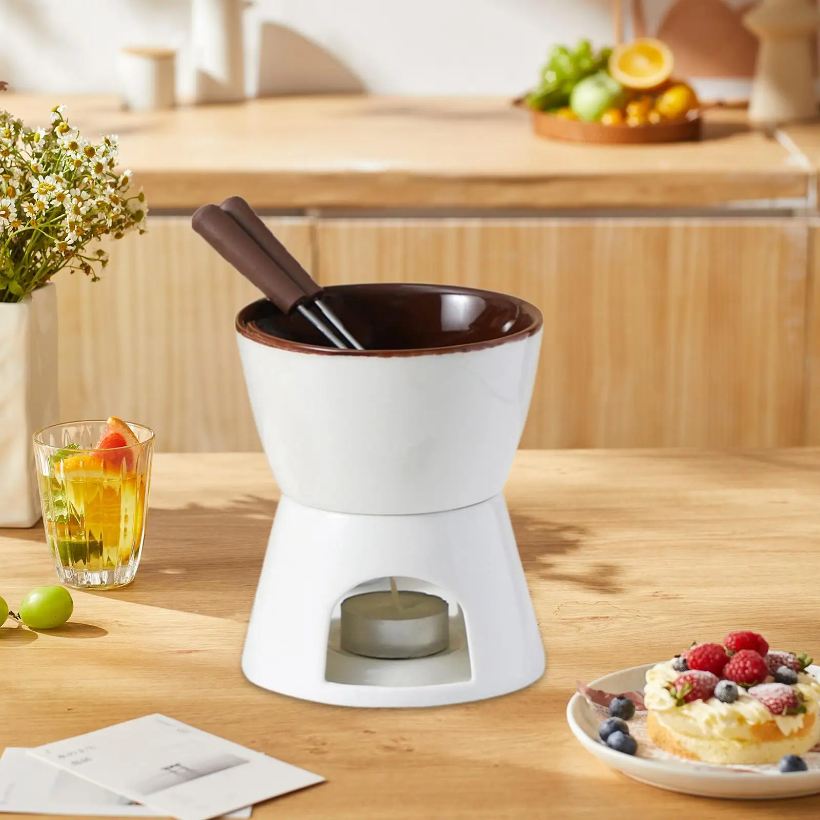 Chocolate Fondue Pot Cheese Dining Ceramic Butter Warmer Melting Mug with 2