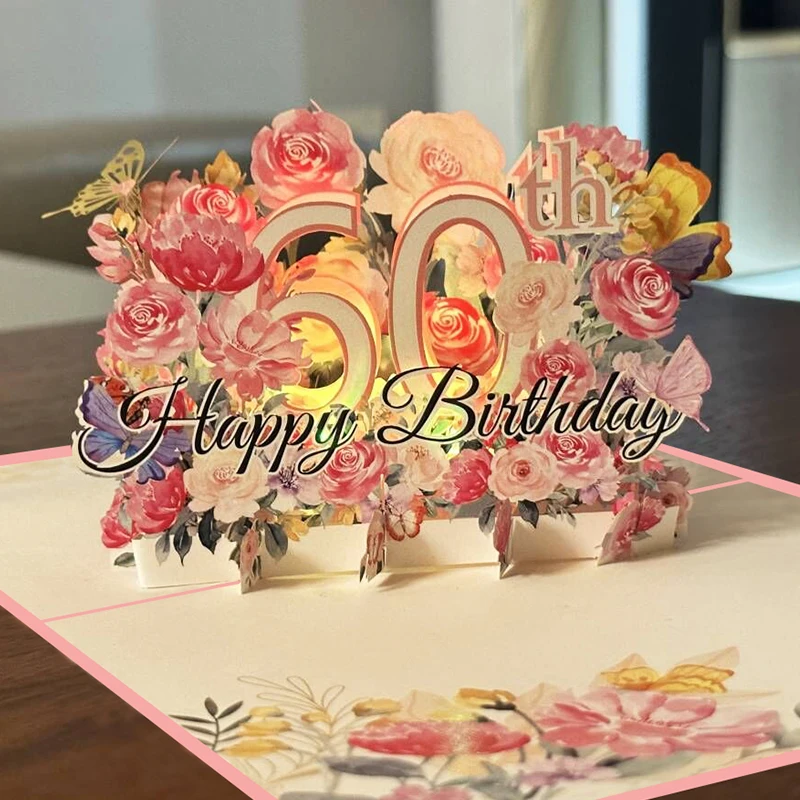 3D Pop Up LED Light Happy Birthday Anniversary Invitation Card with Music Laser Cut Luxury Greeting Paper Gift Card