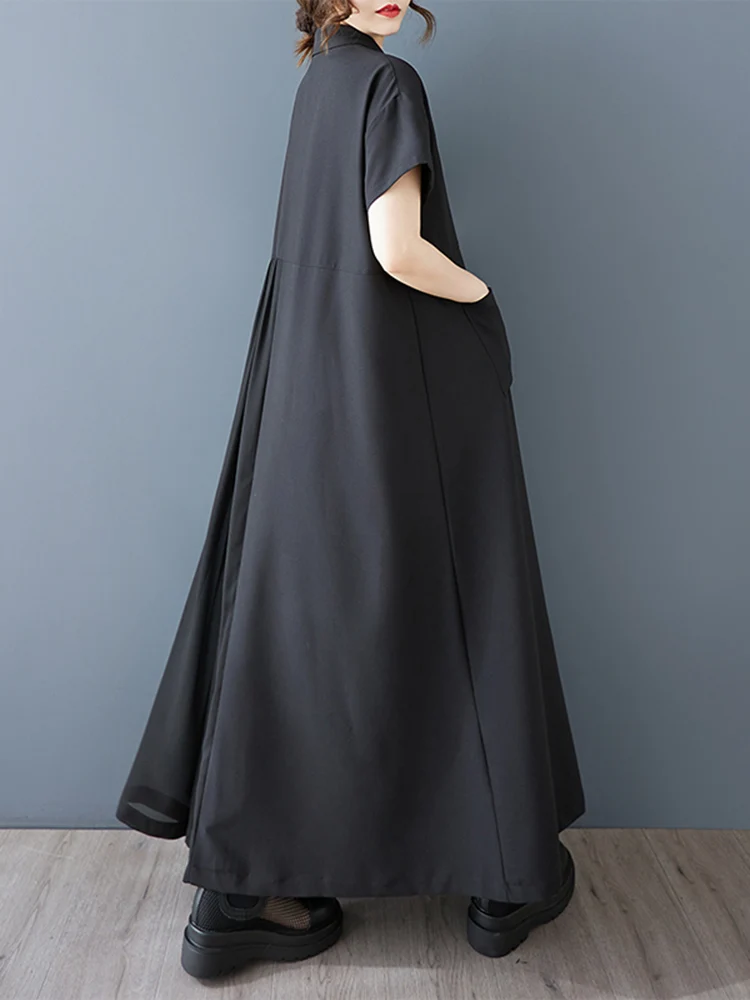 2025 Summer New Black Vintage Pleated Shirt Long Dresses For Women Short Sleeve Casual Loose Patchwork Dress Fashion Clothing