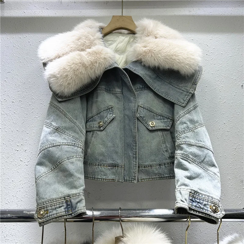 

Detachable Big Fur Down Cotton Liner Denim Jacket Coat Women Casual Cowboy Outerwear Winter Thick Slim Short Jeans Jacket Female