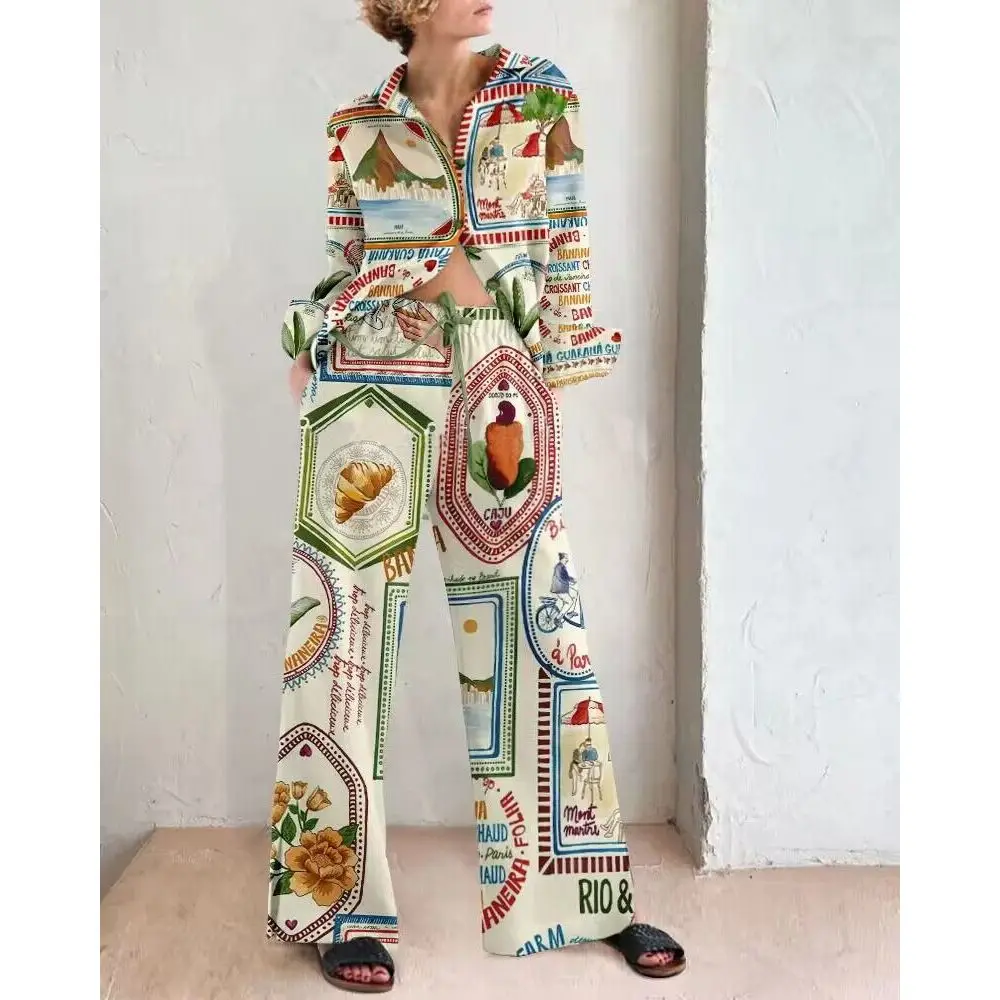 

Printed Shirt Pant 2 Pieces Set Women Long Sleeve Turn-down Collar Button Shirts And Straight Wide Leg Trousers Suit Female 2023
