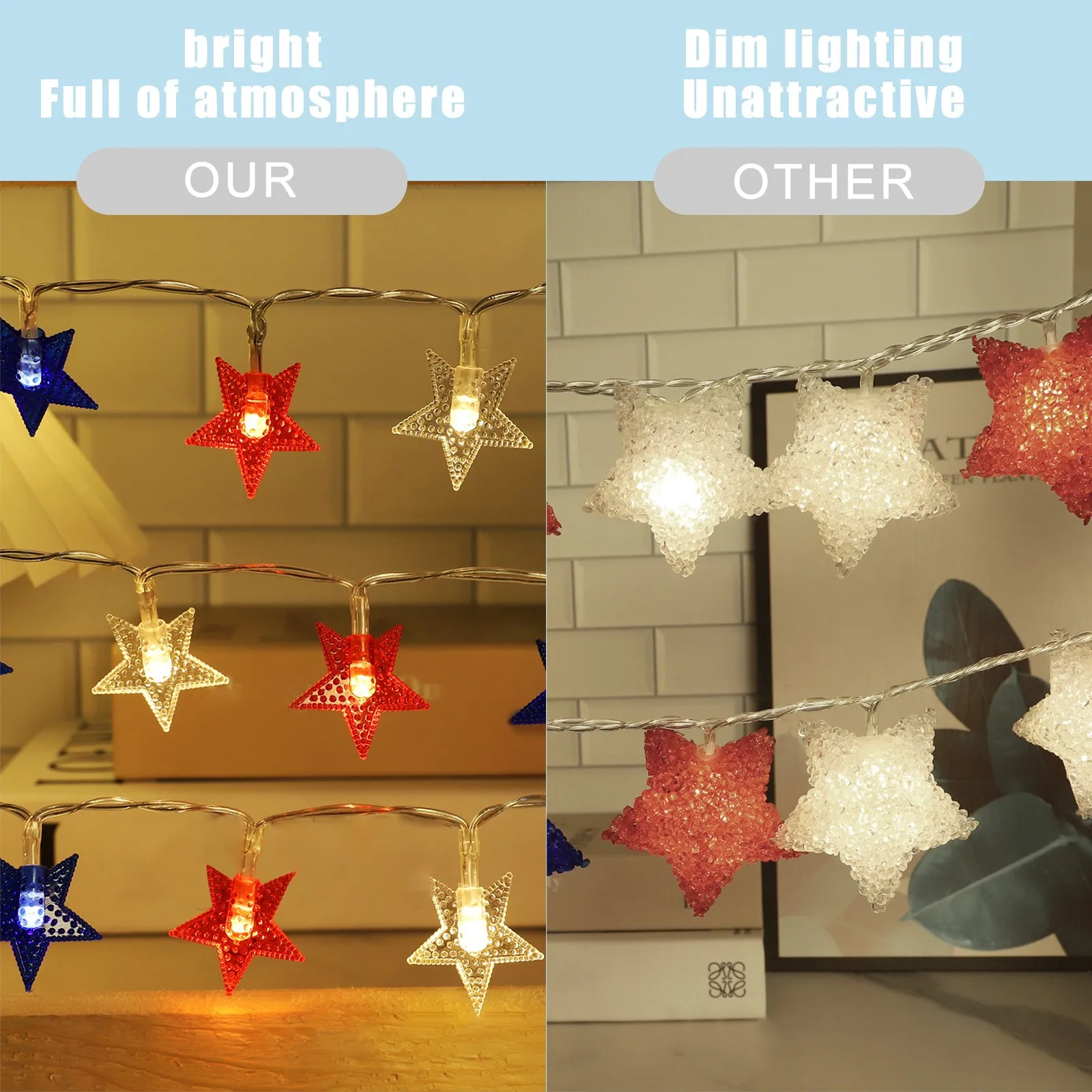 Led Light String American Independence Day Five-Pointed Star Light String Red White And Blue Star Battery Style Lanter