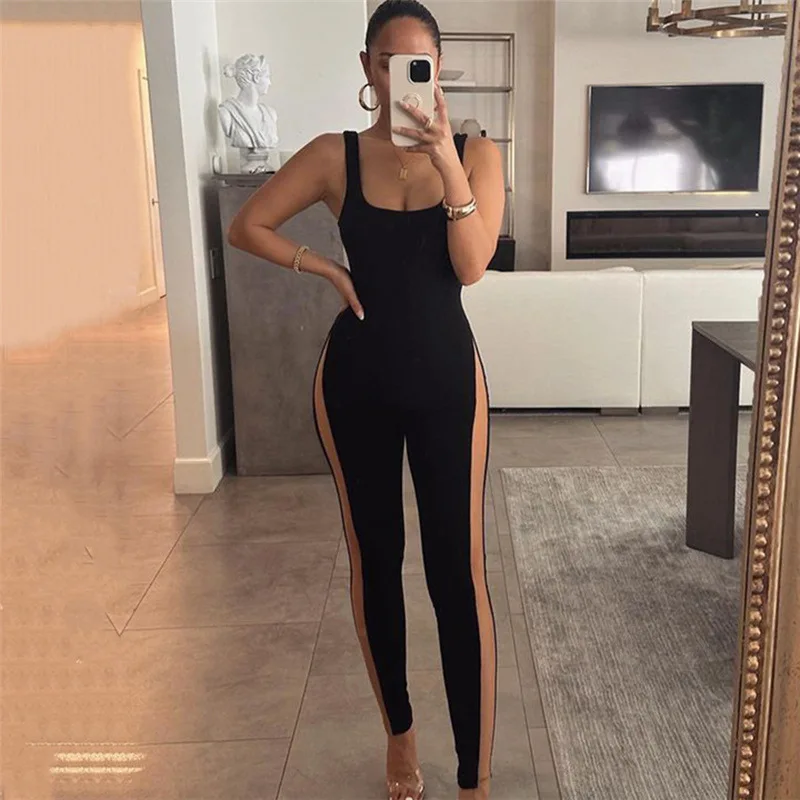 2023 Style New Fall Women's Clothing Sleeveless Stitching Mesh Slim Fit High Top Sports One-Piece Trousers